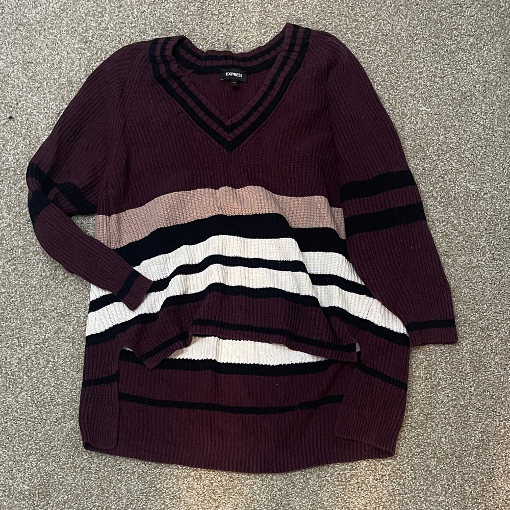 Express Women's V-Neck Sweater in Burgundy and Black